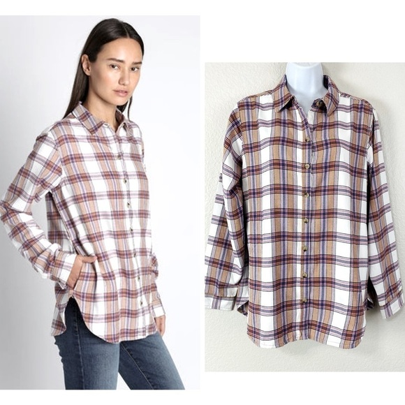 Jacks Girlfriend Tan Plaid Button Up Flannel Size S - Picture 1 of 13